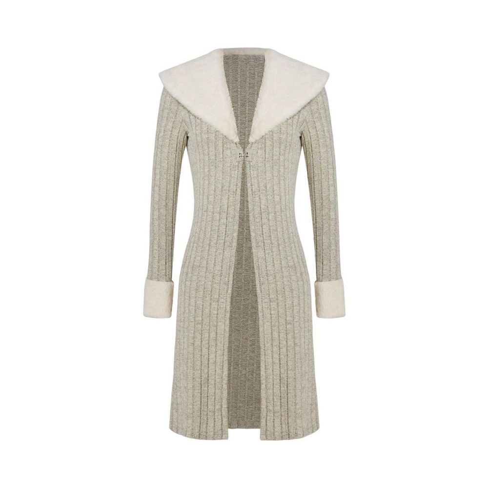 Borg Collar Fuzzy Panel Hook & Eye Front Coat-APRICOT-S